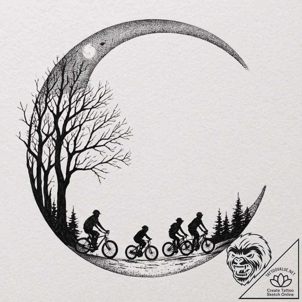 A linework tattoo of the kids on their bikes,... - tattoo sketch (№1751102995_0, 28.06.2025 09:29) — tattoovalue.net