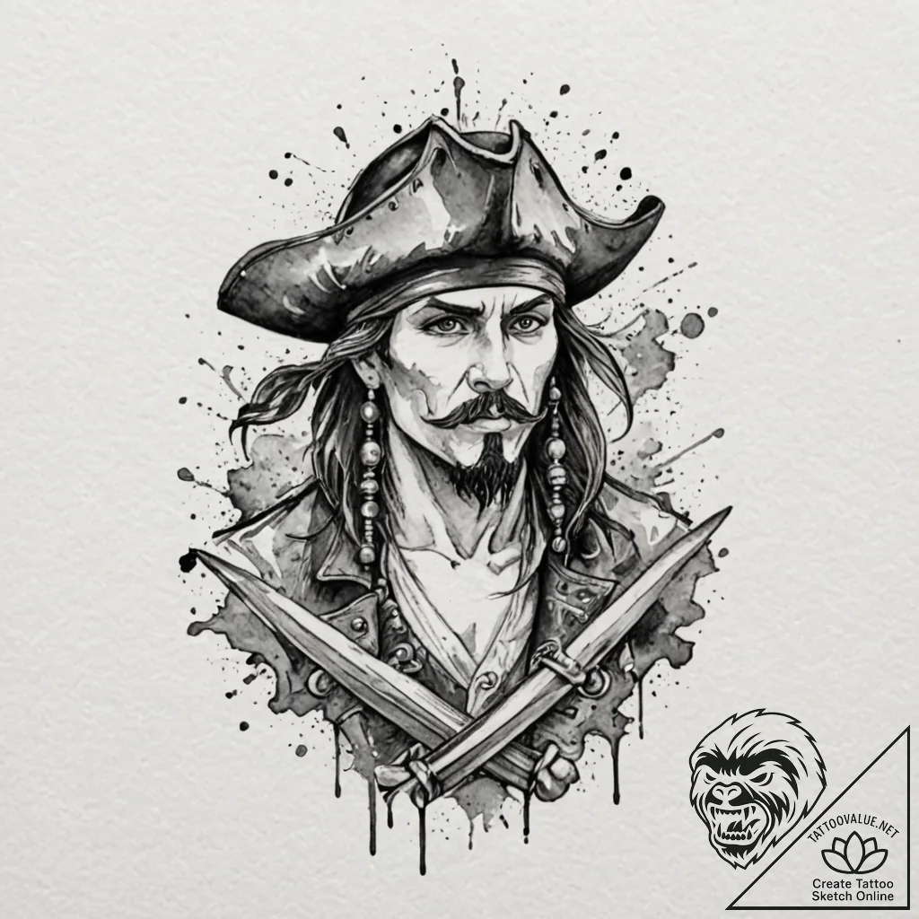 Pirate, tattoo flash sheet design, watercolor... - tattoo sketch (№1751103479_0, 28.06.2025 09:37) — tattoovalue.net