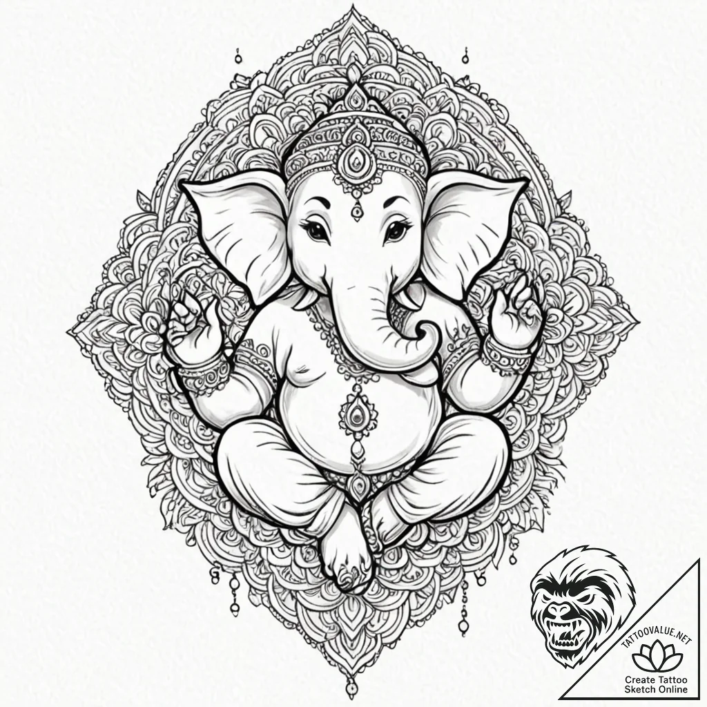 Ganesha, tattoo flash sheet design, ornamenta... - tattoo sketch (№1751107639_0, 28.06.2025 10:47) — tattoovalue.net