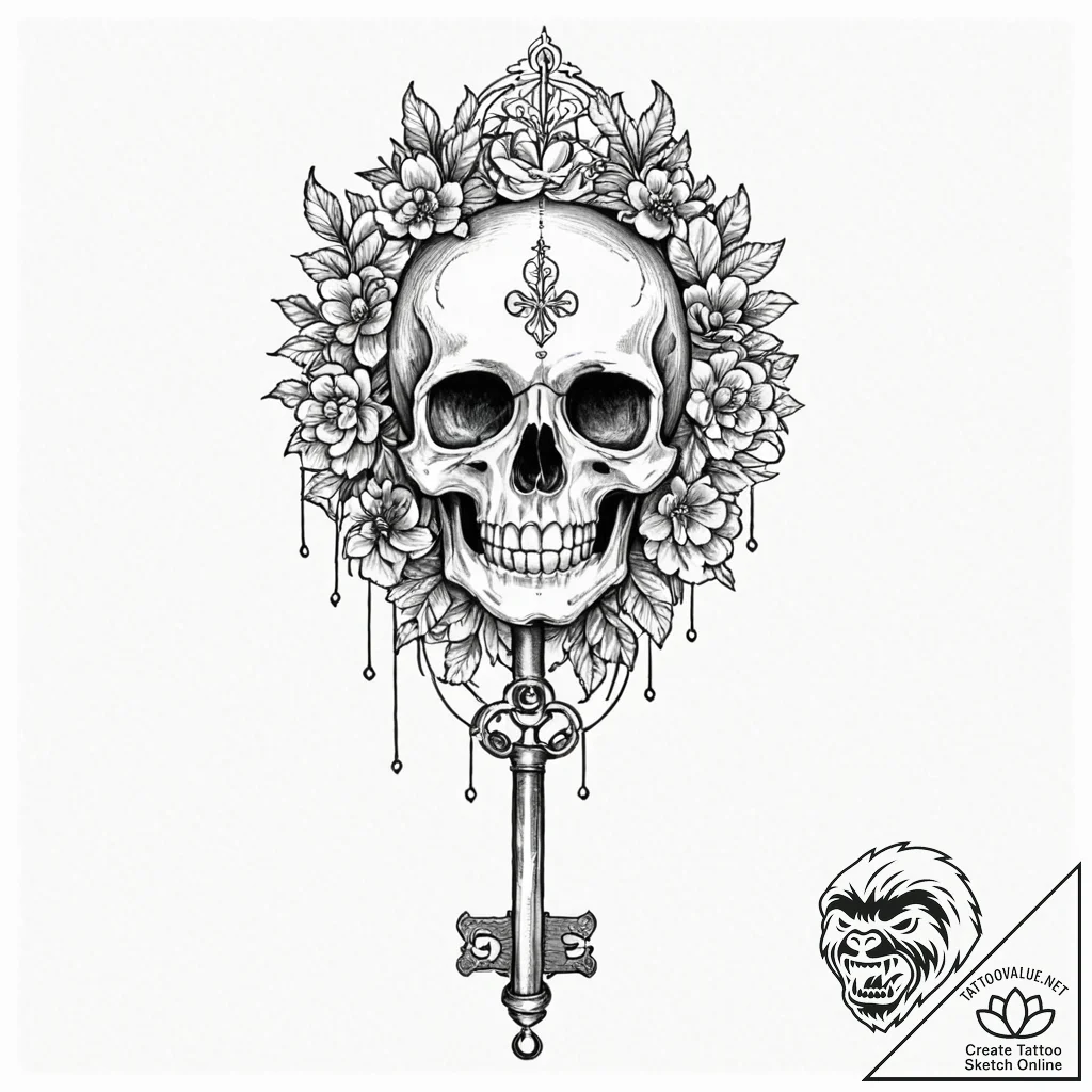 A skeleton key, tattoo flash sheet design, bl... - tattoo sketch (№1751108241_0, 28.06.2025 10:57) — tattoovalue.net