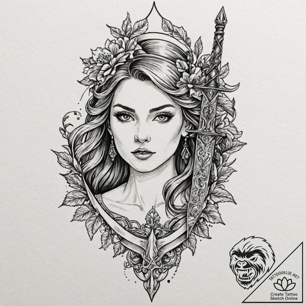 A neo-traditional tattoo of the bride's sword... - tattoo sketch (№1751108471_0, 28.06.2025 11:01) — tattoovalue.net