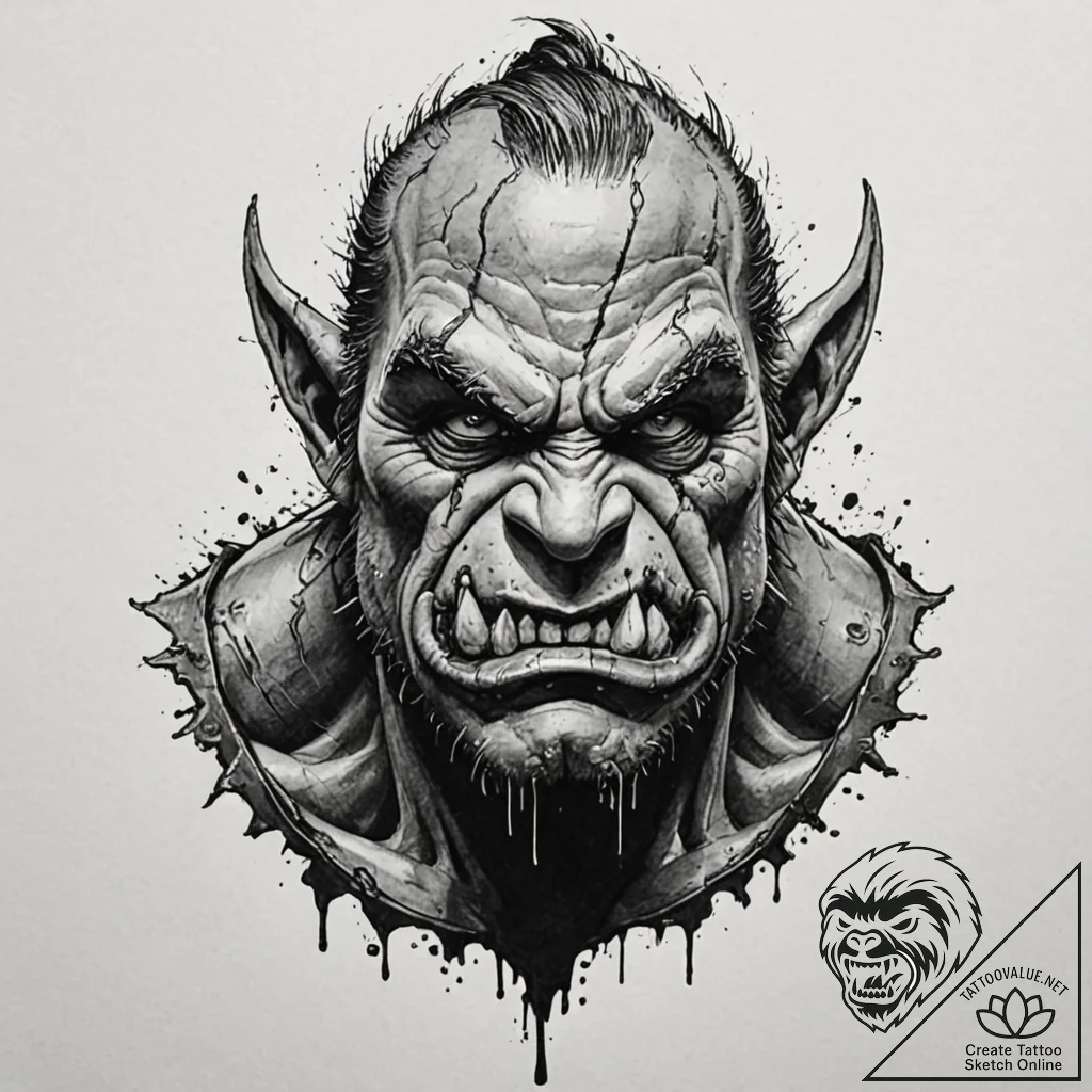 A trash polka tattoo of an orc's snarling fac... - tattoo sketch (№1751108839_0, 28.06.2025 11:07) — tattoovalue.net