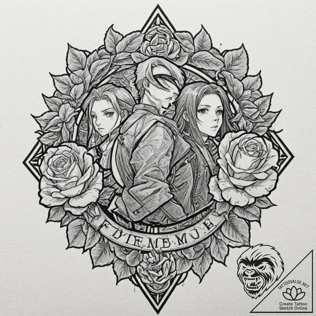A linework tattoo of the main characters from... - tattoo sketch (№1751109982_0, 28.06.2025 11:26) — tattoovalue.net