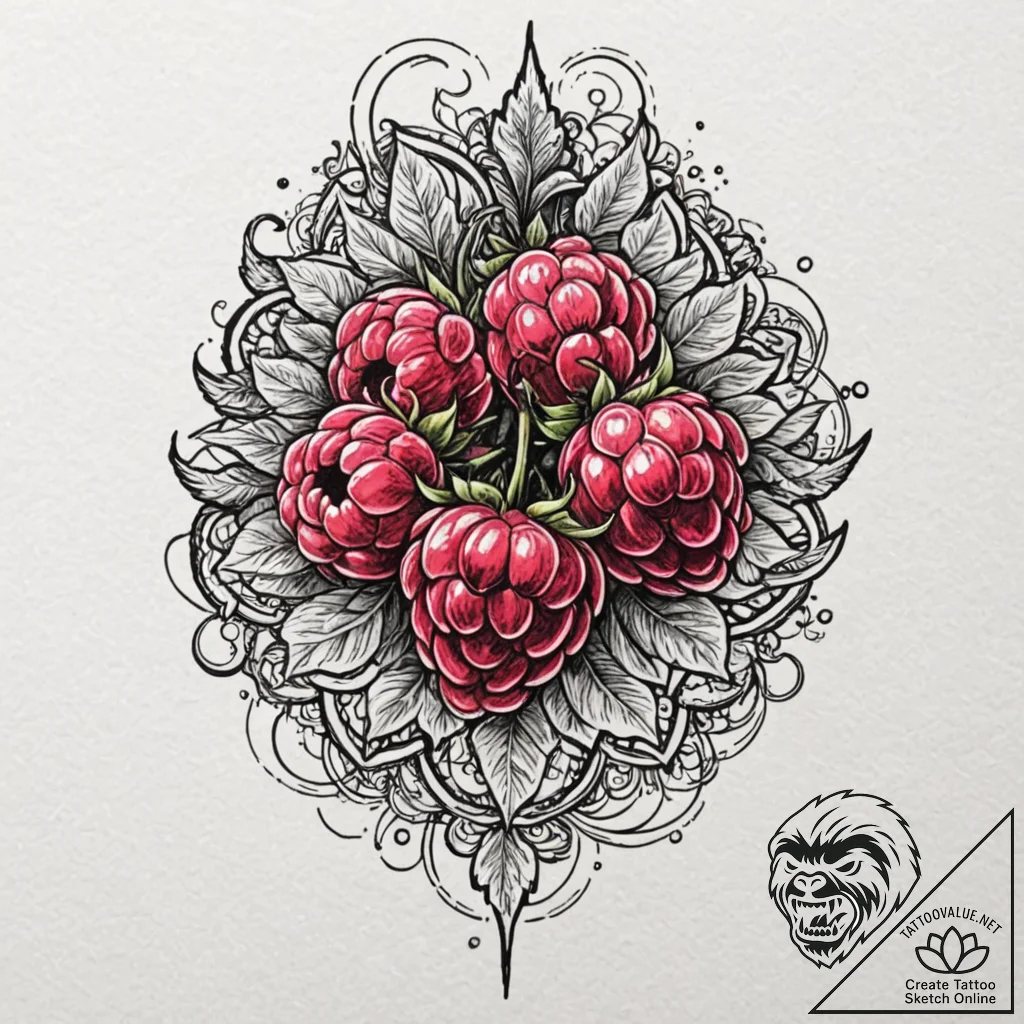 Raspberry, ink illustration for tattoo, highl... - tattoo sketch (№1751111873_0, 28.06.2025 11:57) — tattoovalue.net