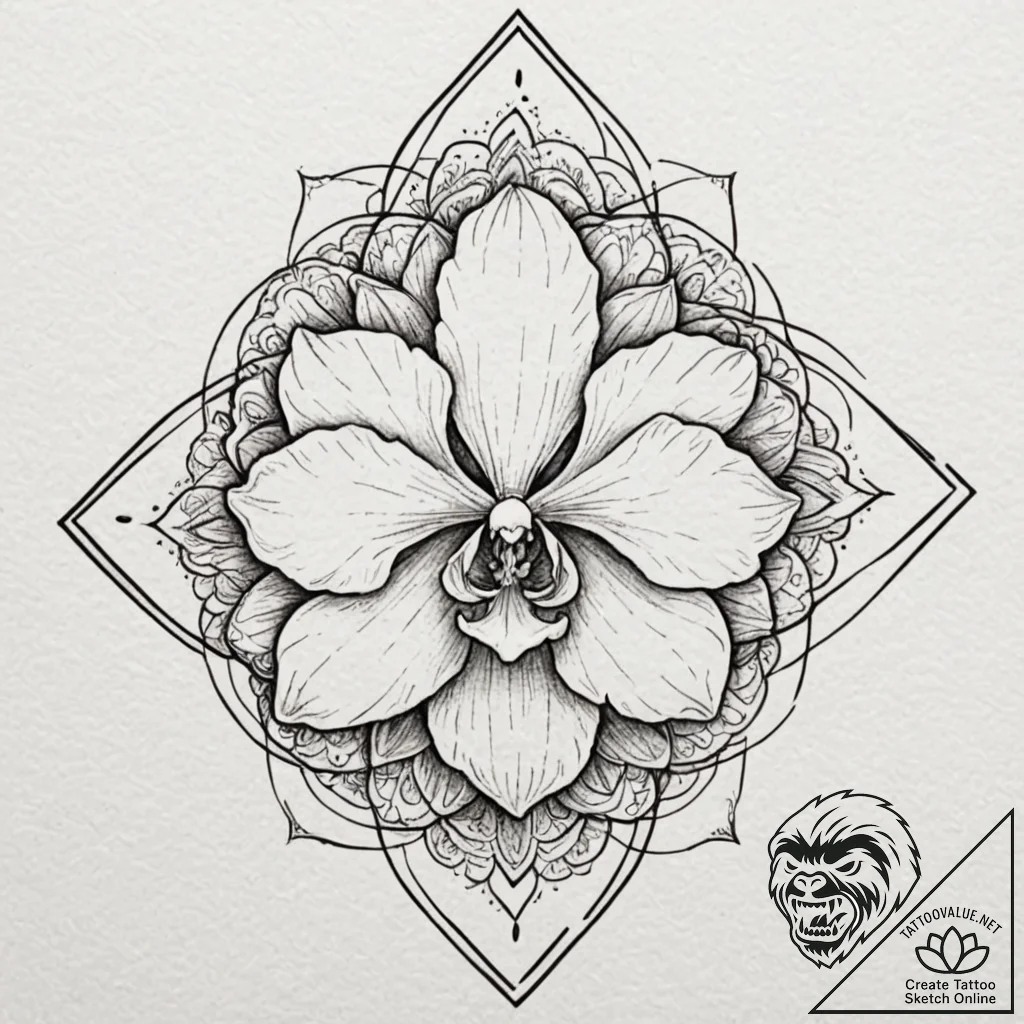 Orchid, tattoo line art, sepia tone sketch, v... - tattoo sketch (№1751115061_0, 28.06.2025 12:51) — tattoovalue.net