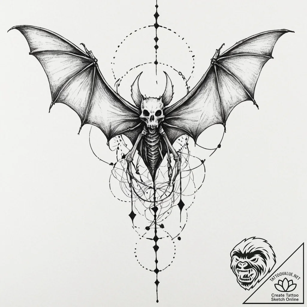A bat skeleton, tattoo drawing outline, black... - tattoo sketch (№1751116652_0, 28.06.2025 13:17) — tattoovalue.net