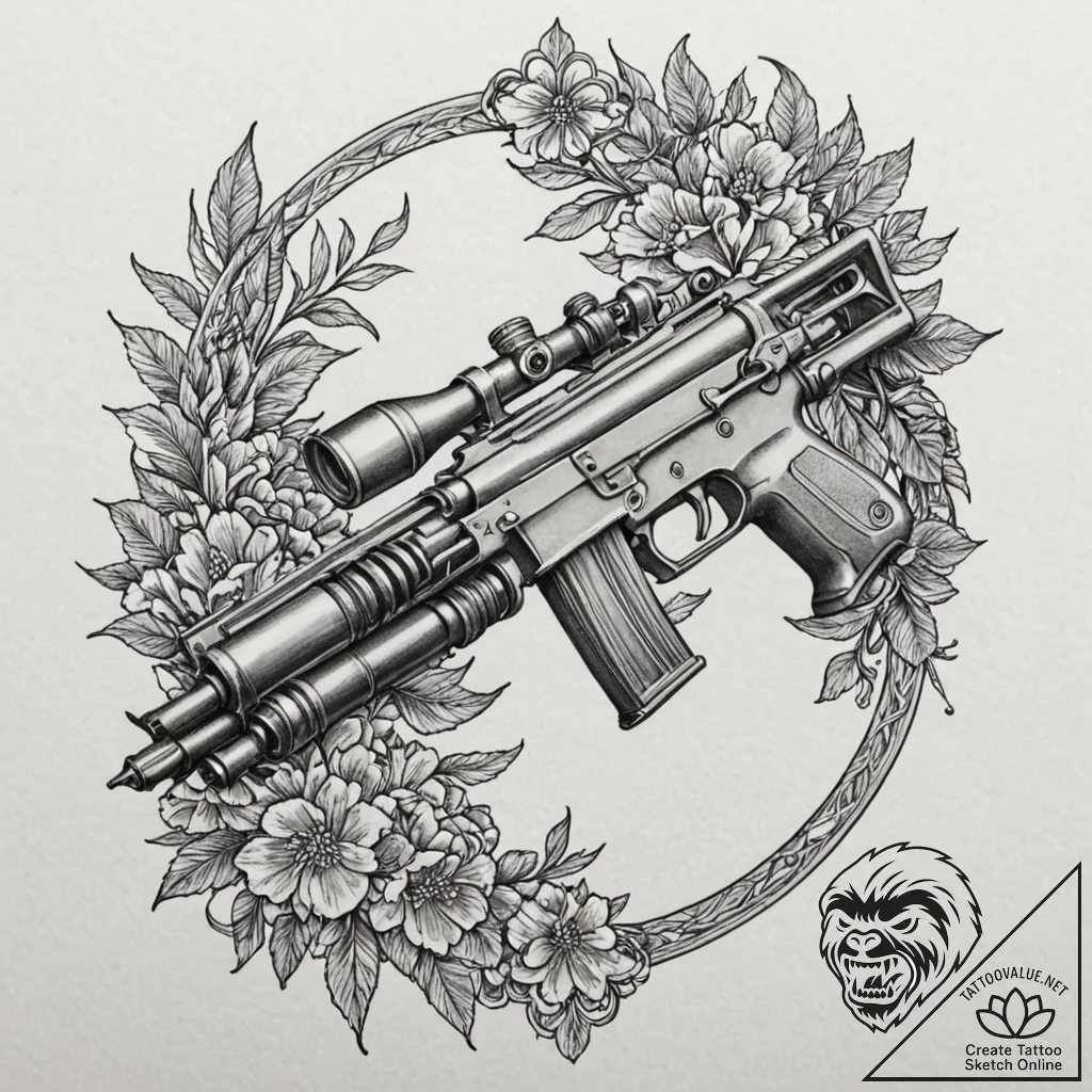 Machine gun, artistic tattoo sketch, professi... - tattoo sketch (№1751124772_0, 28.06.2025 15:32) — tattoovalue.net