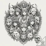 A linework design of the different masks worn… – tattoo sketch (№1751126553_0, 28.06.2025 16:02) — tattoovalue.net
