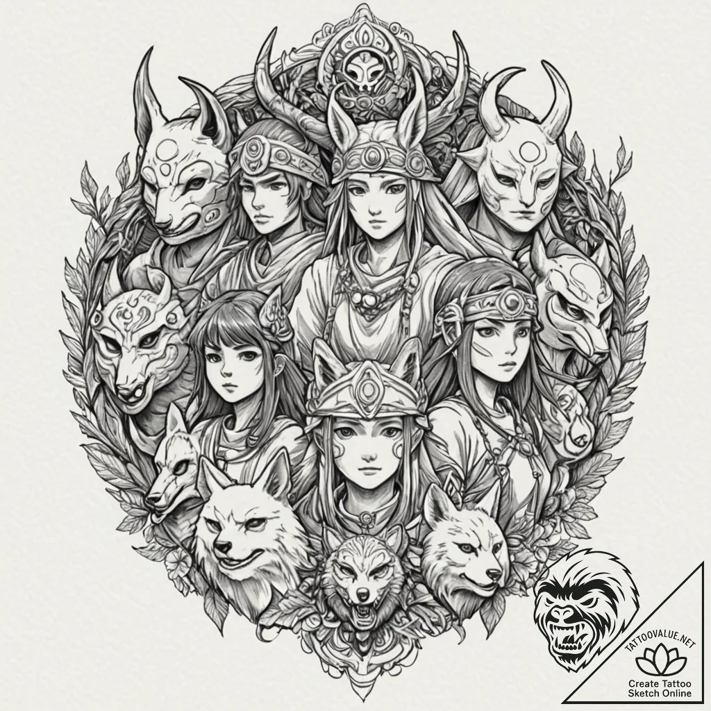 A linework design of the different masks worn... - tattoo sketch (№1751126553_0, 28.06.2025 16:02) — tattoovalue.net