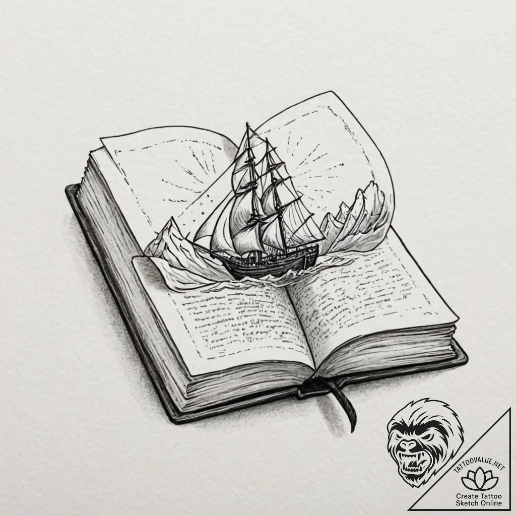 An open book with a fantasy world growing out... - tattoo sketch (№1751128021_0, 28.06.2025 16:27) — tattoovalue.net