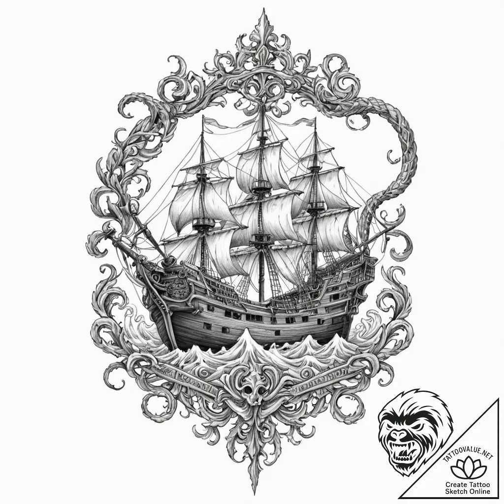 Pirate ship fighting a kraken, tattoo line ar... - tattoo sketch (№1751129621_0, 28.06.2025 16:53) — tattoovalue.net
