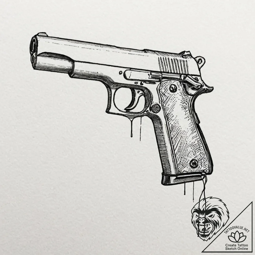Pistol, tattoo flash sheet design, stylized i... - tattoo sketch (№1751130661_0, 28.06.2025 17:11) — tattoovalue.net