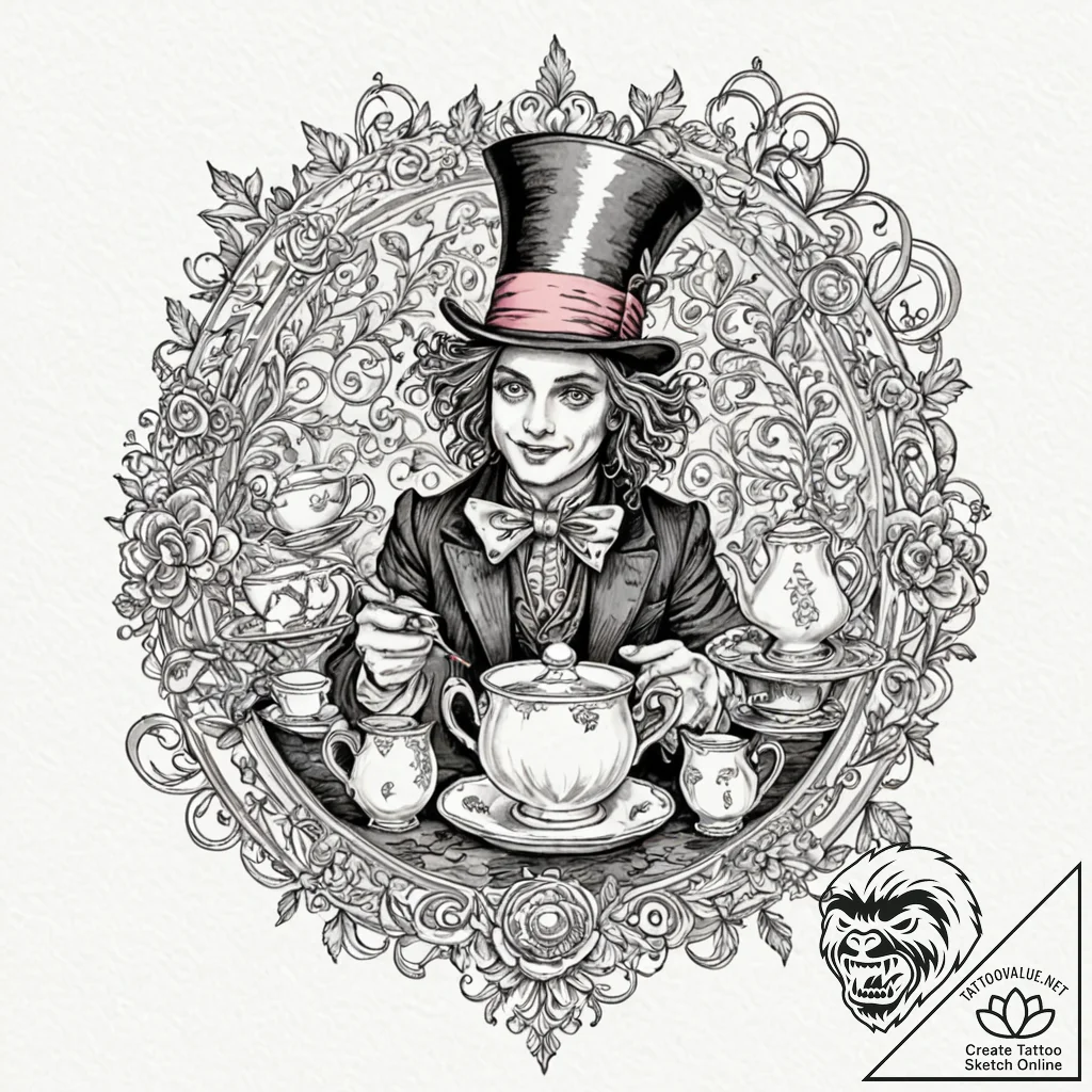A watercolor tattoo of the mad hatter's tea p... - tattoo sketch (№1751131614_0, 28.06.2025 17:26) — tattoovalue.net