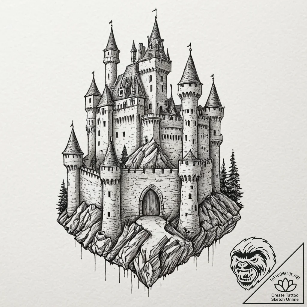 Medieval castle siege, tattoo flash sheet des... - tattoo sketch (№1751131798_0, 28.06.2025 17:29) — tattoovalue.net