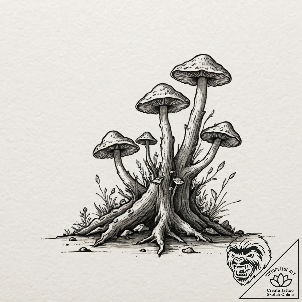 Bioluminescent mushrooms on a log, concept ar... - tattoo sketch (№1751132006_0, 28.06.2025 17:33) — tattoovalue.net
