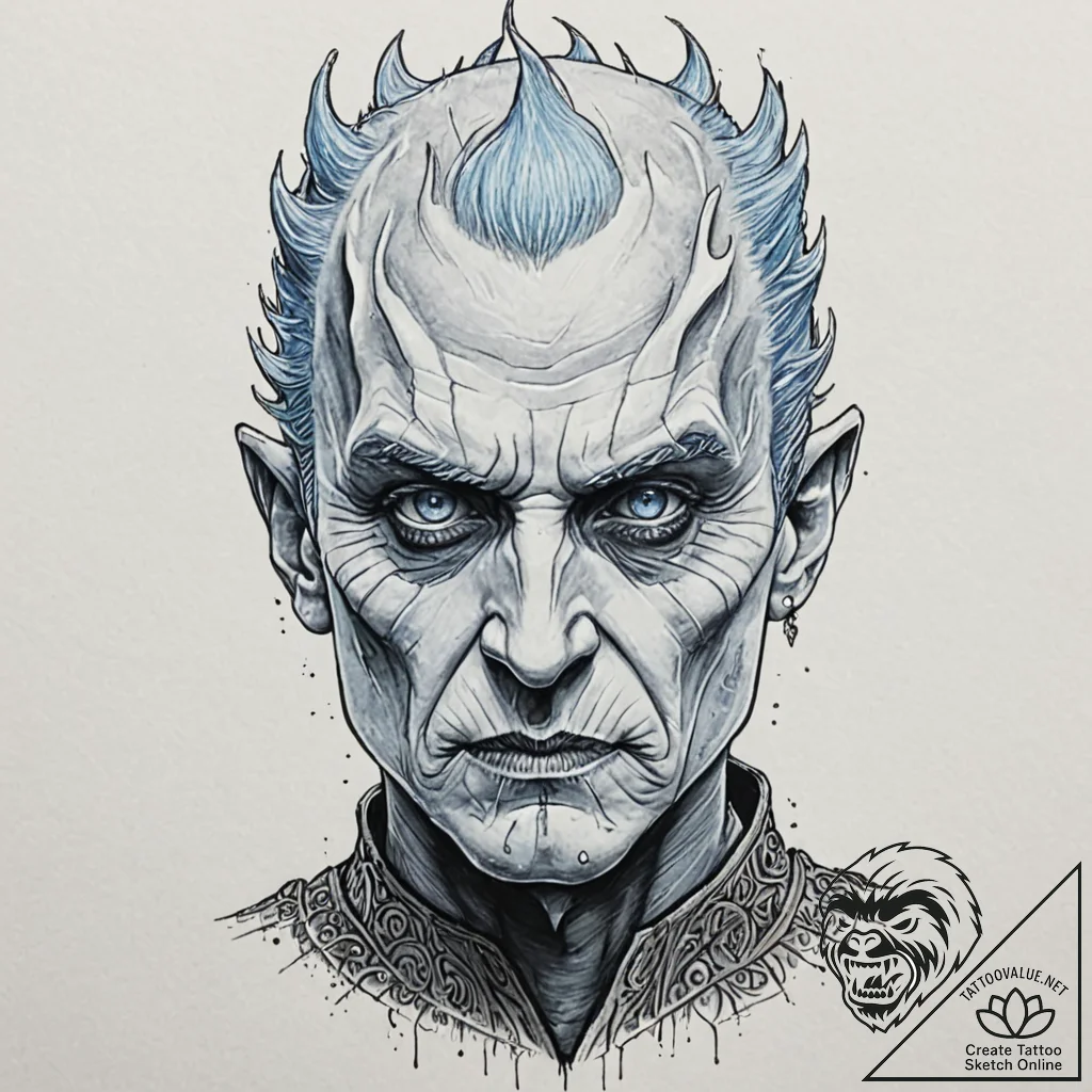 A dotwork tattoo of the night king's face, co... - tattoo sketch (№1751132231_0, 28.06.2025 17:37) — tattoovalue.net