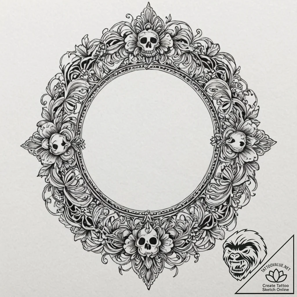 Skull in mirror, tattoo drawing outline, blac... - tattoo sketch (№1751132561_0, 28.06.2025 17:42) — tattoovalue.net