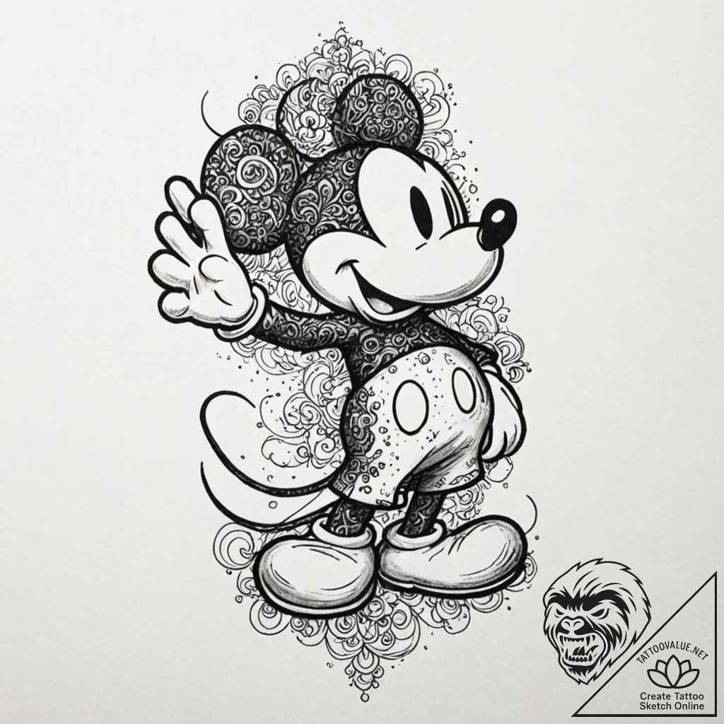 Mickey mouse, concept art for tattoo, highly... - tattoo sketch (№1751133089_0, 28.06.2025 17:51) — tattoovalue.net