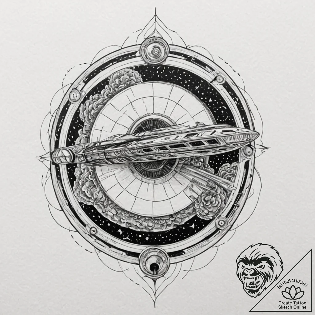 Trash polka tattoo of the millennium falcon e... - tattoo sketch (№1751133323_0, 28.06.2025 17:55) — tattoovalue.net