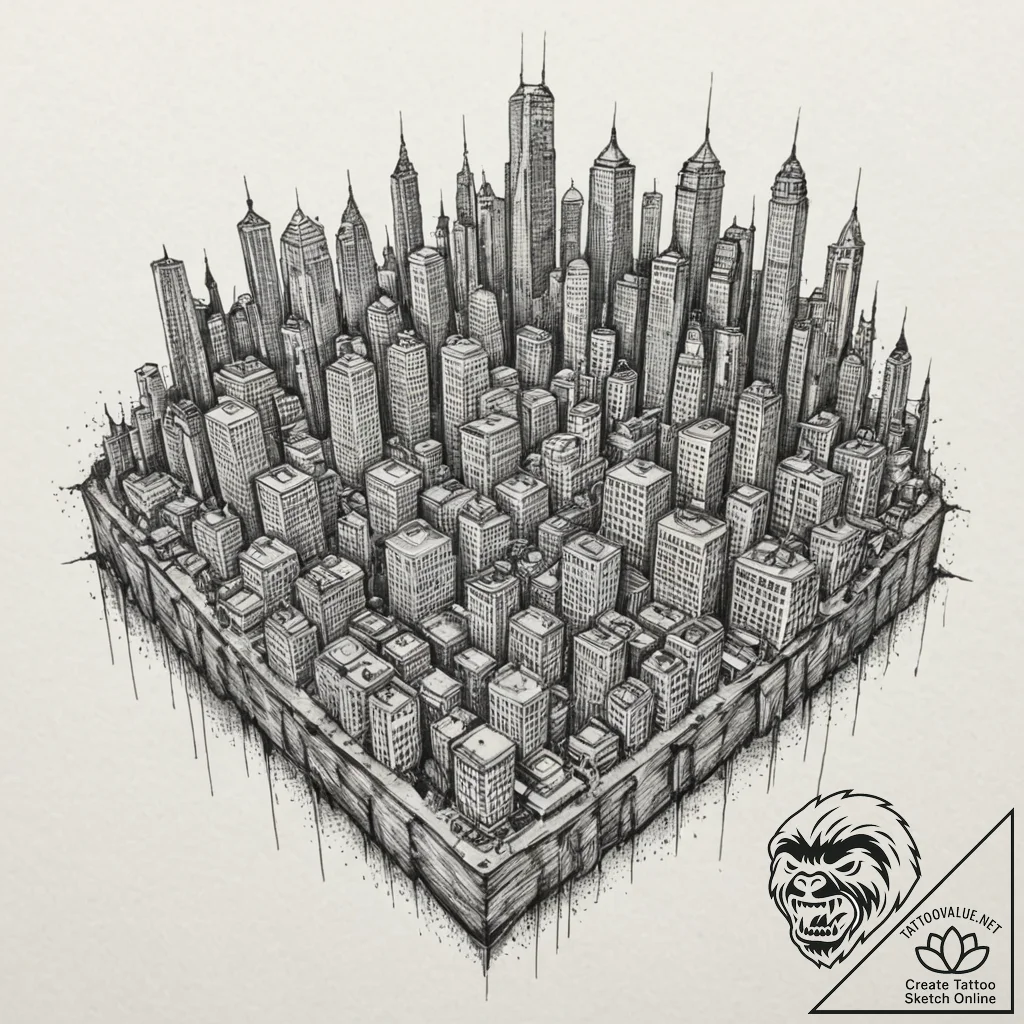 Dystopian city skyline, ink illustration for... - tattoo sketch (№1751133718_0, 28.06.2025 18:01) — tattoovalue.net