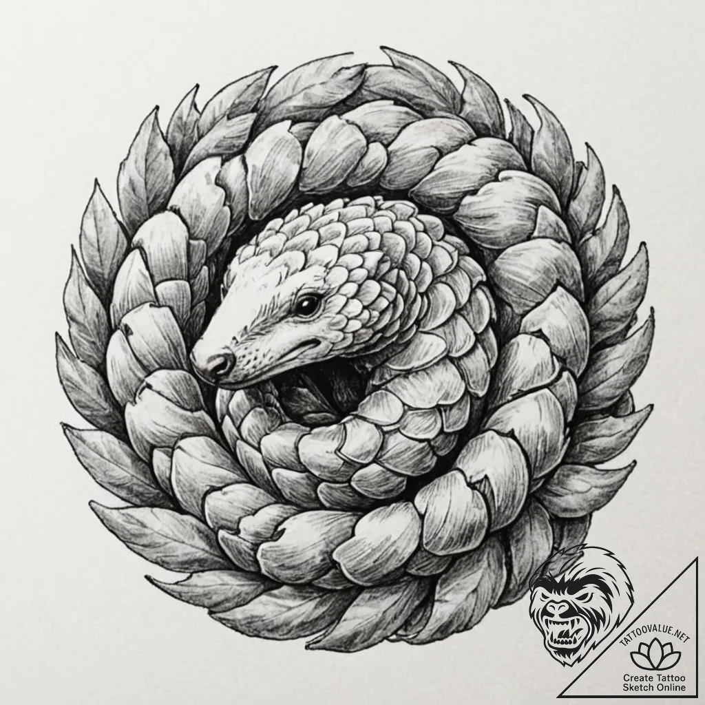 A pangolin curled up, artistic tattoo sketch,... - tattoo sketch (№1751134146_0, 28.06.2025 18:09) — tattoovalue.net