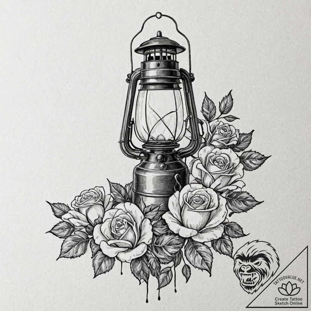 An antique lantern casting long shadows, tatt... - tattoo sketch (№1751135439_0, 28.06.2025 18:30) — tattoovalue.net