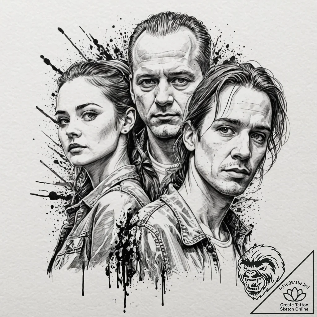 A trash polka portrait of the main characters... - tattoo sketch (№1751135768_0, 28.06.2025 18:36) — tattoovalue.net