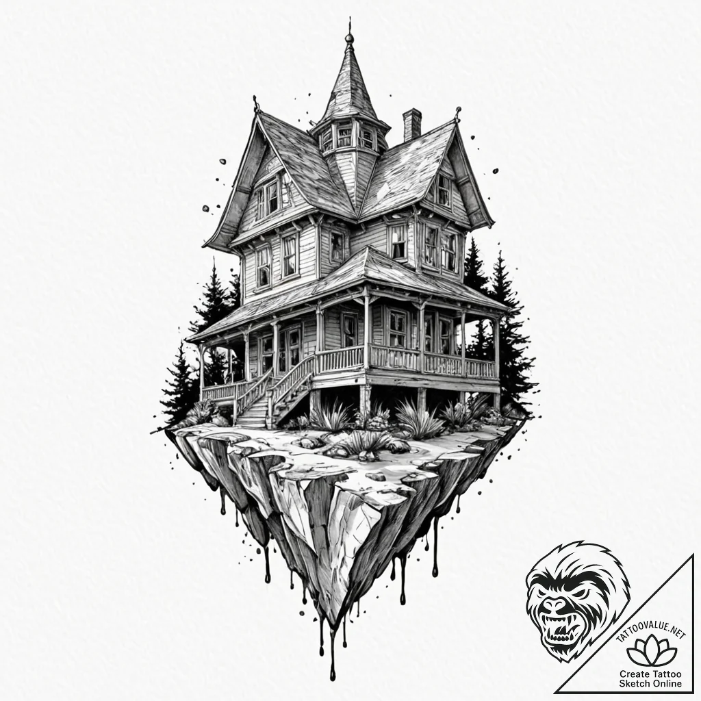 A linework tattoo of the strange house from s... - tattoo sketch (№1751137838_0, 28.06.2025 19:10) — tattoovalue.net
