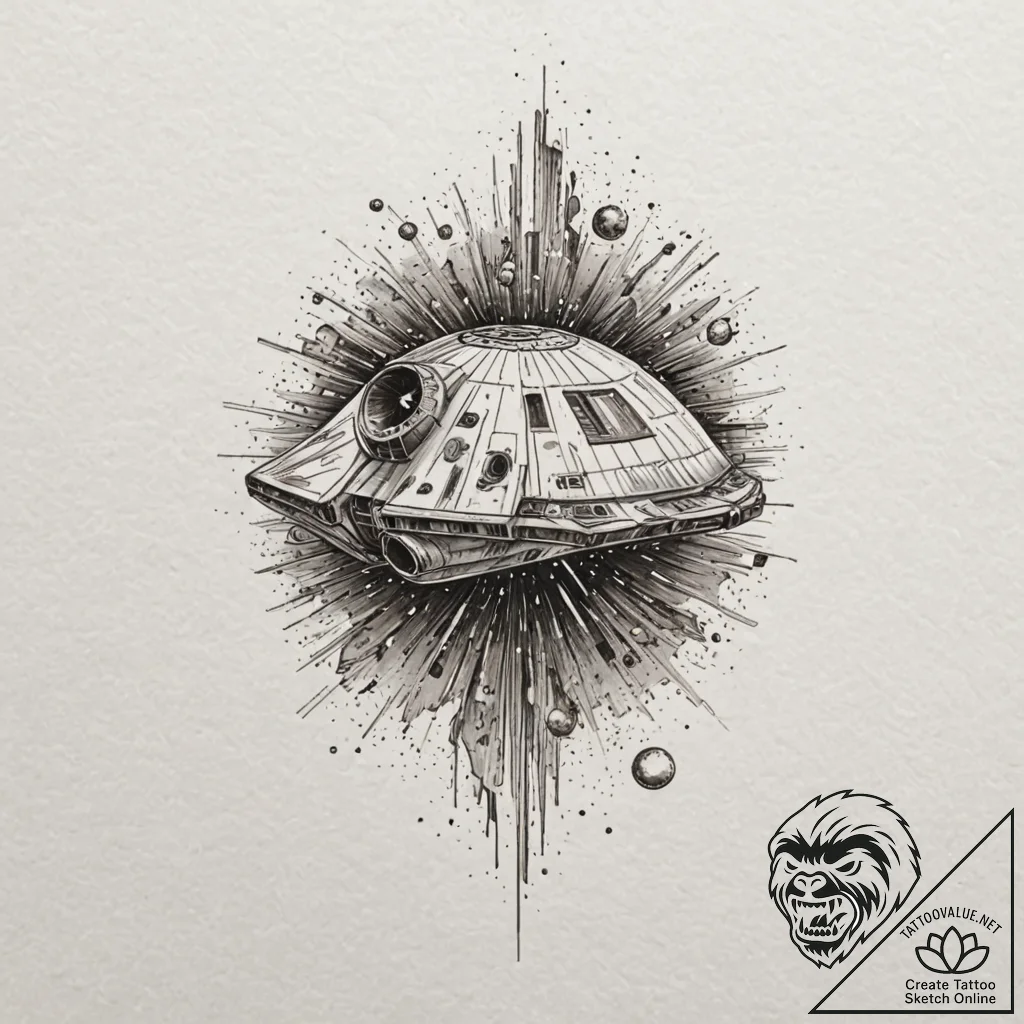 Trash polka tattoo of the millennium falcon e... - tattoo sketch (№1751140648_0, 28.06.2025 19:57) — tattoovalue.net