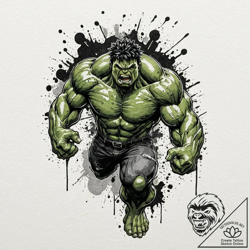 A trash polka sketch of the hulk, mid-smash,... - tattoo sketch (№1751141737_0, 28.06.2025 20:15) — tattoovalue.net