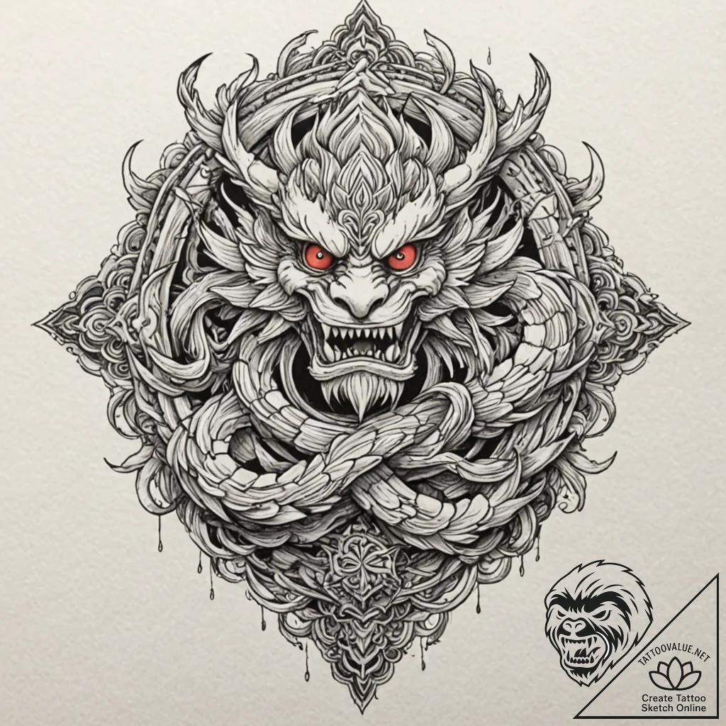 Tengu, tattoo line art, stylized interpretati... - tattoo sketch (№1751142860_0, 28.06.2025 20:34) — tattoovalue.net