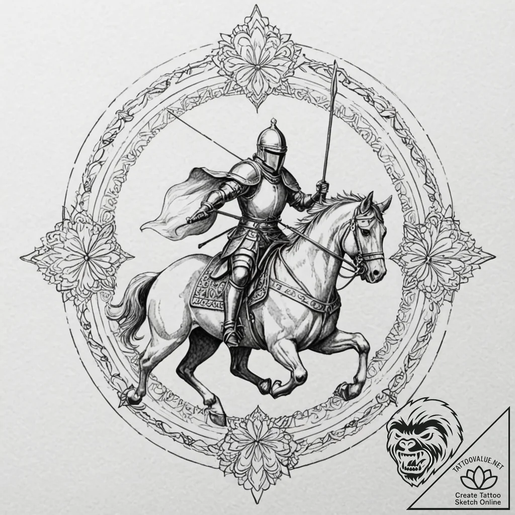 Knight jousting, artistic tattoo sketch, mode... - tattoo sketch (№1751143399_0, 28.06.2025 20:43) — tattoovalue.net