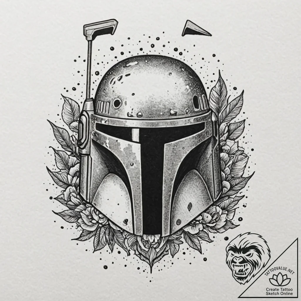 Neo-traditional tattoo sketch of boba fett's... - tattoo sketch (№1751143508_0, 28.06.2025 20:45) — tattoovalue.net