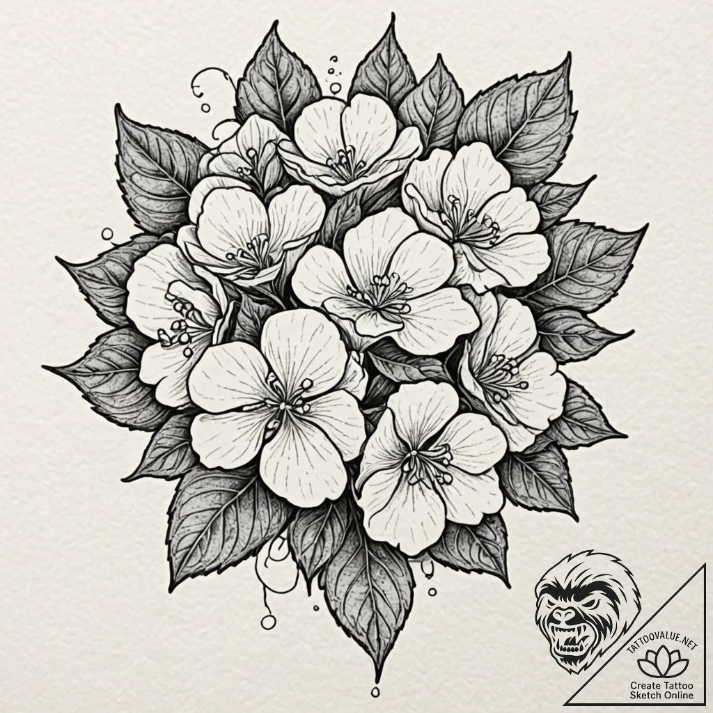 Hydrangea, ink illustration for tattoo, on te... - tattoo sketch (№1751143722_0, 28.06.2025 20:48) — tattoovalue.net