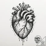 A trash polka composition of a human heart be… – tattoo sketch (№1751145084_0, 28.06.2025 21:11) — tattoovalue.net