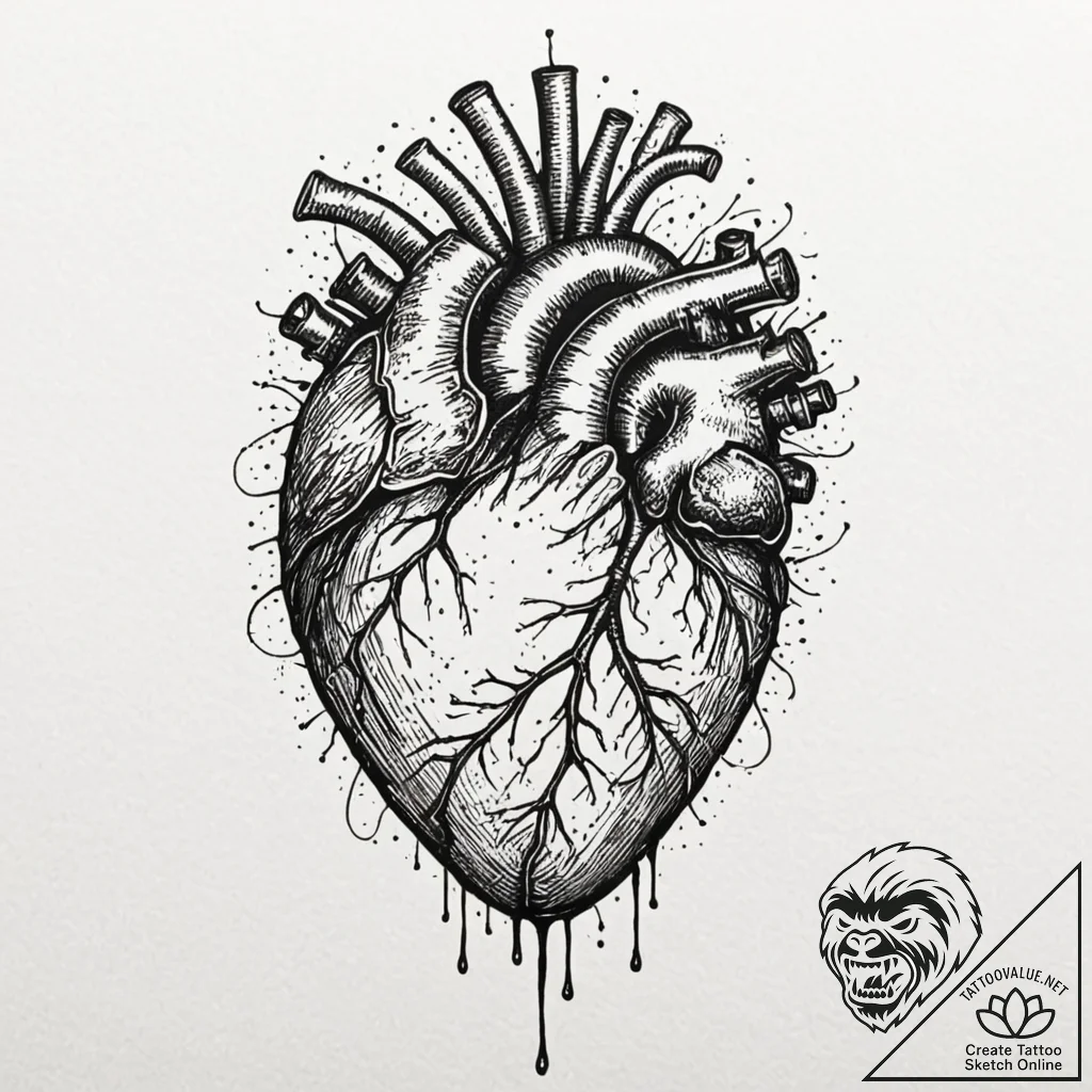 A trash polka composition of a human heart be... - tattoo sketch (№1751145084_0, 28.06.2025 21:11) — tattoovalue.net