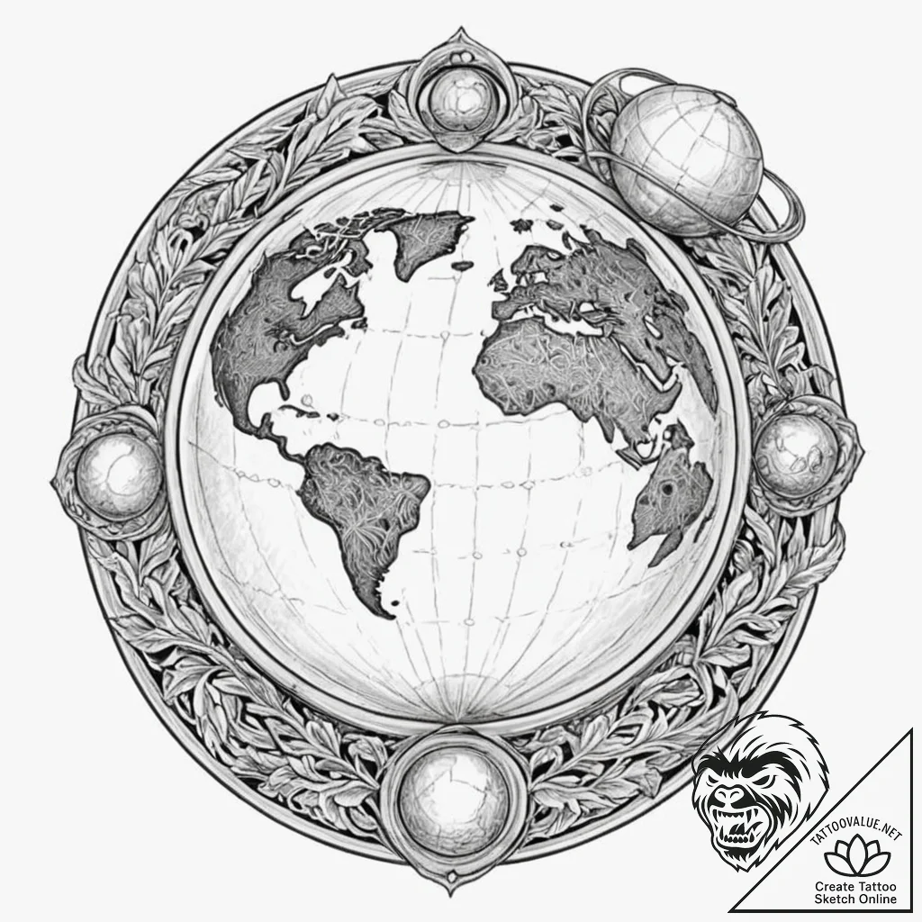 Globe, tattoo line art, dotwork shading, stip... - tattoo sketch (№1751145315_0, 28.06.2025 21:15) — tattoovalue.net