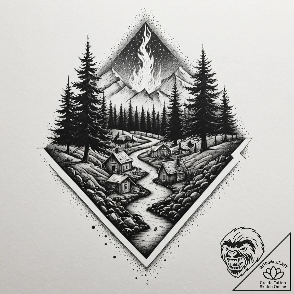 A graphic novel style tattoo of the burning v... - tattoo sketch (№1751147364_0, 28.06.2025 21:49) — tattoovalue.net