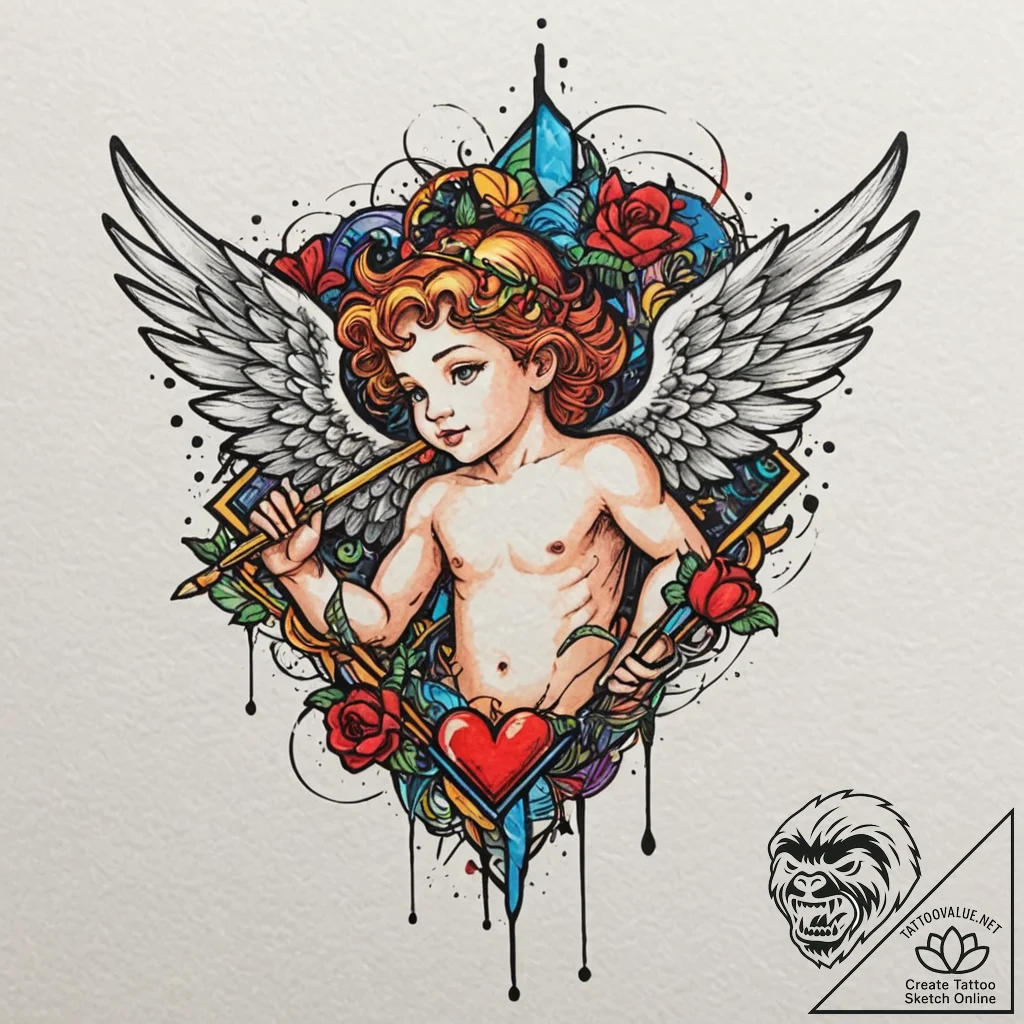 Cupid, tattoo flash sheet design, vibrant col... - tattoo sketch (№1751148695_0, 28.06.2025 22:11) — tattoovalue.net
