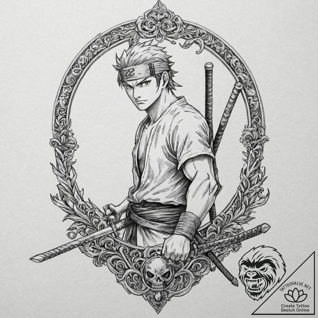 A sketch of roronoa zoro from one piece, with... - tattoo sketch (№1751148810_0, 28.06.2025 22:13) — tattoovalue.net