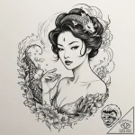 A linework tattoo of the silhouette of a femm… – tattoo sketch (№1751150399_0, 28.06.2025 22:39) — tattoovalue.net