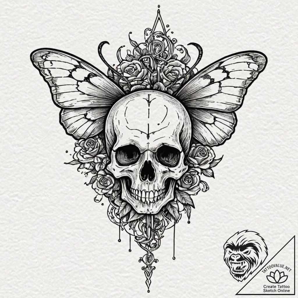 A moth on a skull, tattoo drawing outline, se... - tattoo sketch (№1751150800_0, 28.06.2025 22:46) — tattoovalue.net