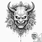 A trash polka tattoo of a japanese oni mask,… – tattoo sketch (№1751151044_0, 28.06.2025 22:50) — tattoovalue.net