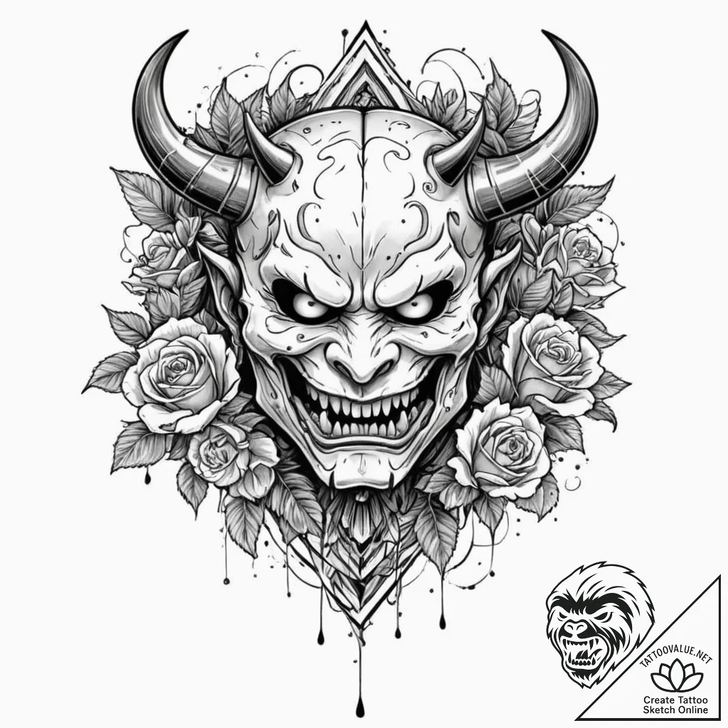 A trash polka tattoo of a japanese oni mask,... - tattoo sketch (№1751151044_0, 28.06.2025 22:50) — tattoovalue.net