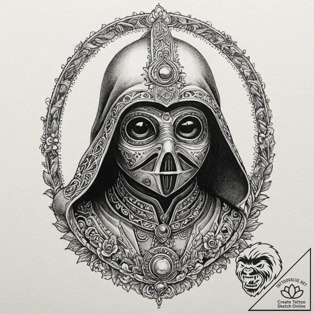 A sketch of a jawa, with glowing eyes under i... - tattoo sketch (№1751152637_0, 28.06.2025 23:17) — tattoovalue.net