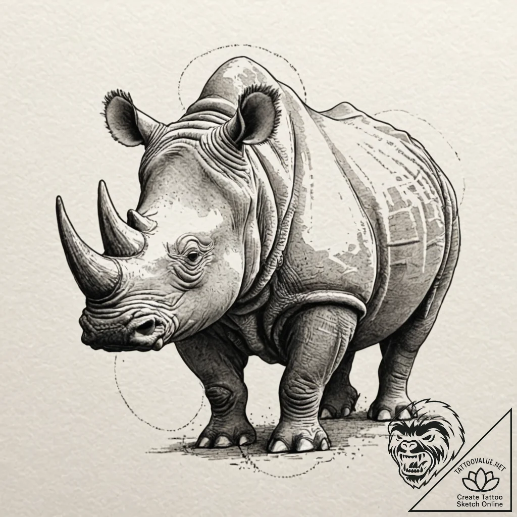Rhinoceros, ink illustration for tattoo, dotw... - tattoo sketch (№1751153064_0, 28.06.2025 23:24) — tattoovalue.net