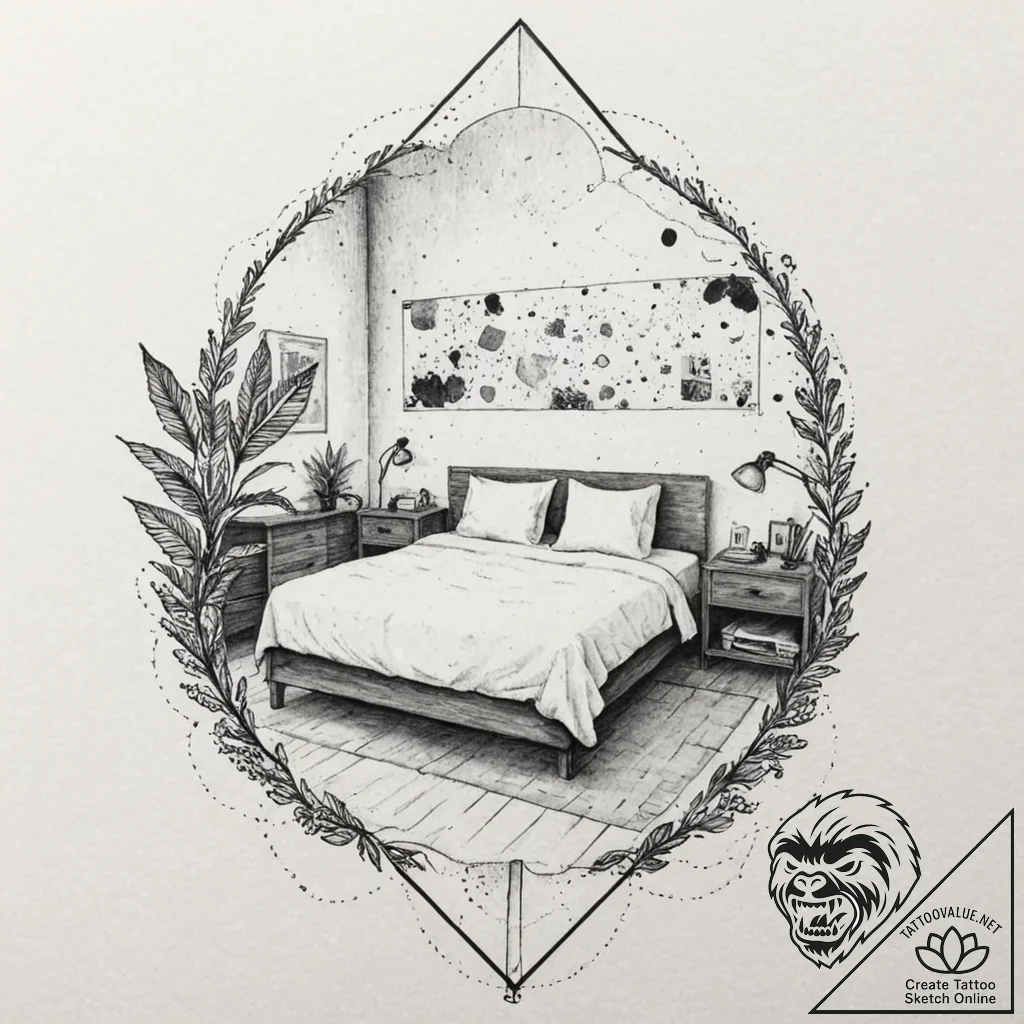 A trash polka composition of the hotel room f... - tattoo sketch (№1751153394_0, 28.06.2025 23:29) — tattoovalue.net