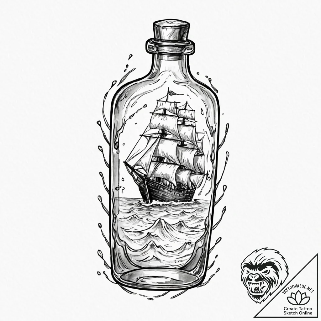 Ship in a bottle, tattoo sketch design, water... - tattoo sketch (№1751153819_0, 28.06.2025 23:36) — tattoovalue.net