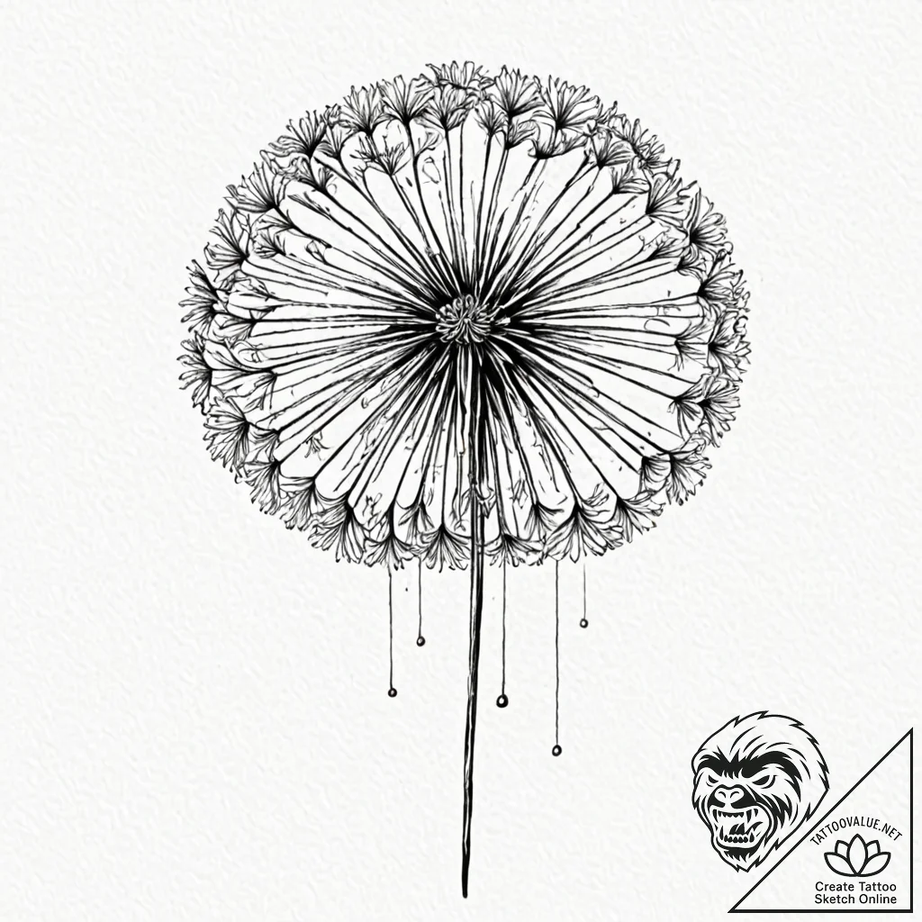 Dandelion, tattoo line art, moderately detail... - tattoo sketch (№1751154456_0, 28.06.2025 23:47) — tattoovalue.net