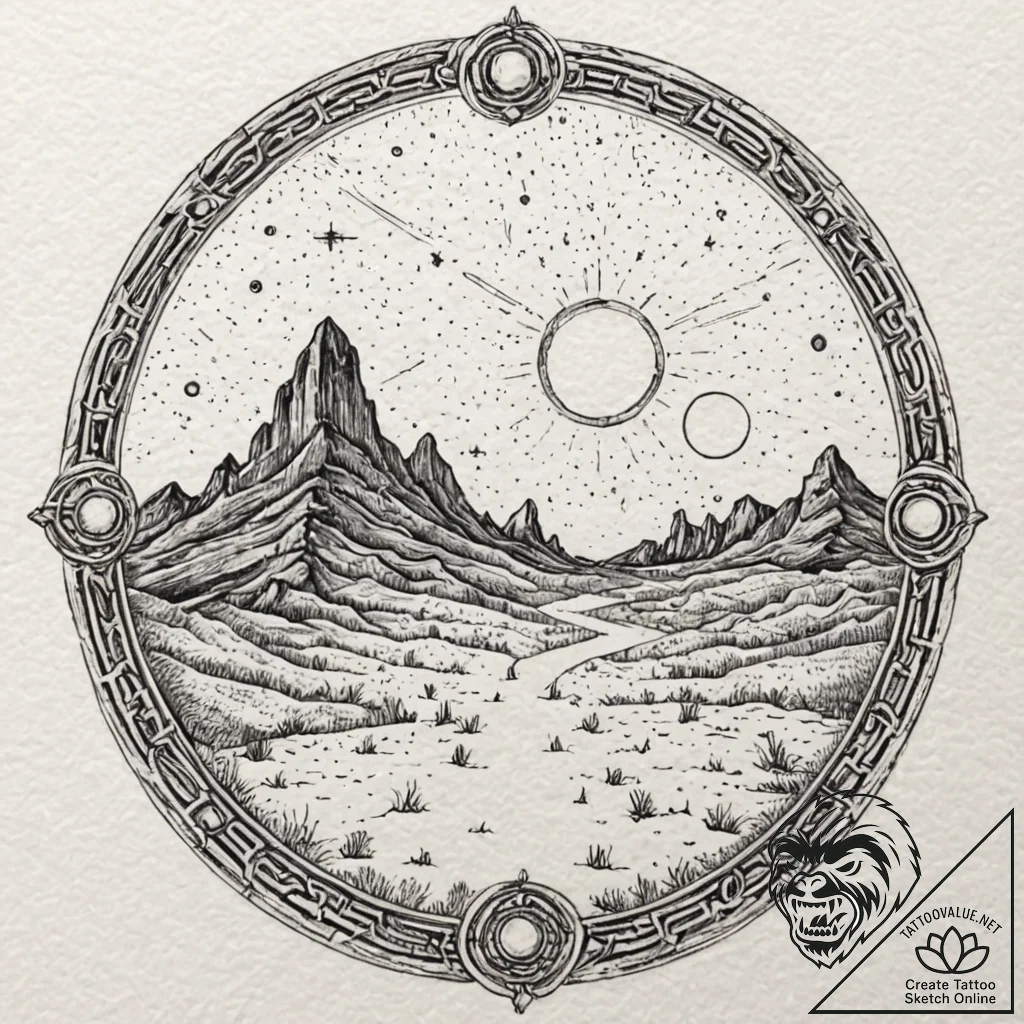 Watercolor tattoo design of the binary sunset... - tattoo sketch (№1751154924_0, 28.06.2025 23:55) — tattoovalue.net